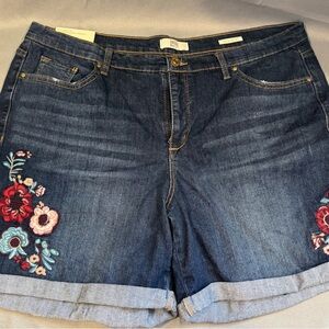Vintage America Dark Blue Denim Shorts with Floral Embroidery